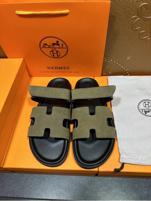 Hermes Chypre Suede Sandals Olive