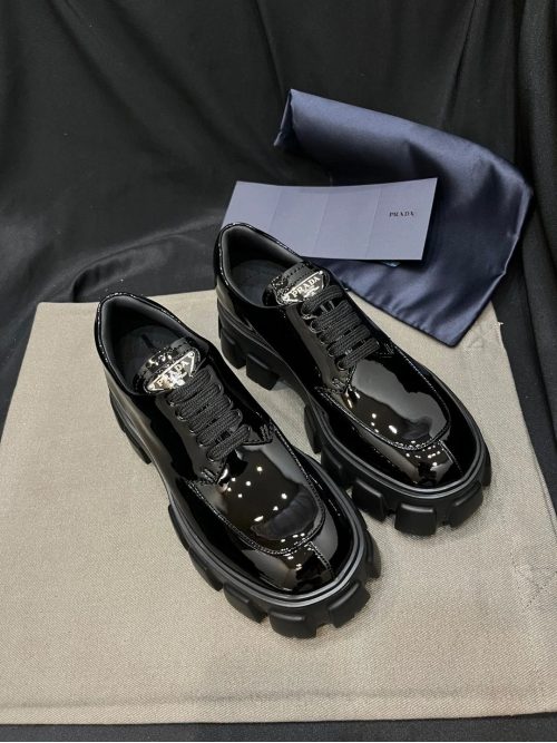Prada Monolith Chunky Patent Leather Derby Shoes Black