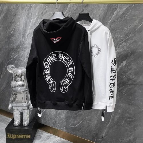 Chrome Hearts Horseshoe Print Graphic Streetwear Hoodie Black and White