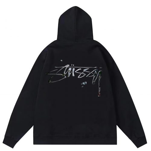 Stussy Chrome Liquid Graphic Streetwear Hoodie Black