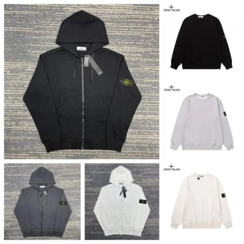 Stone Island Compass Patch Zip-Up Hoodie and Crewneck Sweatshirt Multicolor