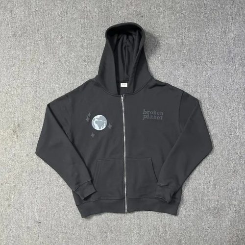 Broken Planet Graphic Zip-Up Oversized Hoodie Black