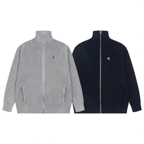 Calvin Klein CK Ribbed Knit Zip-Up Cardigan Sweater Gray and Navy