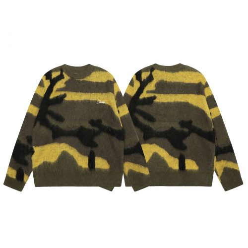 Corteiz Yellow and Olive Abstract Pattern Sweater Casual Knit Pullover