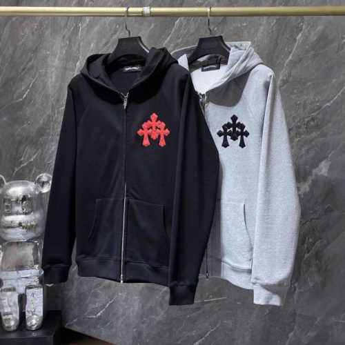 Chrome Hearts Cross Patch Zip-Up Cotton Hoodie Black and Gray