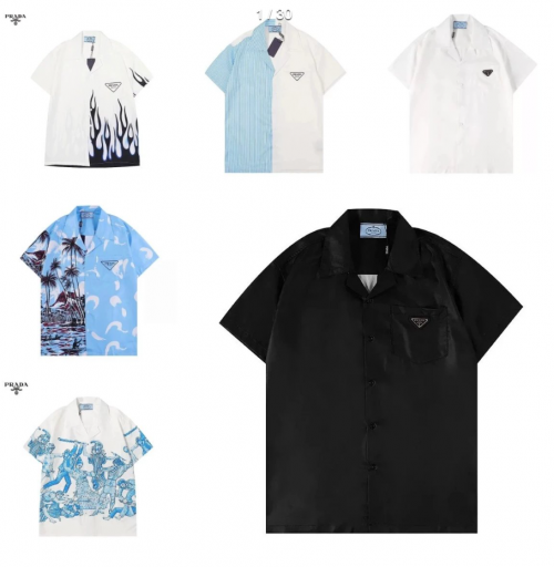 Prada Re-Nylon Bowling Shirt Graphic Short Sleeve Button-Down Shirt Multicolor