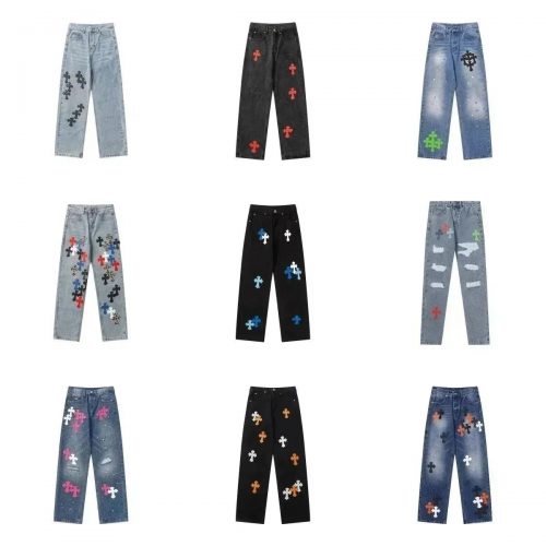 Chrome Hearts Cross Patch Denim Jeans Streetwear Pants Multicolor