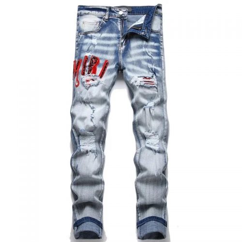 Amiri Distressed Embroidered Jeans Casual Denim Pants Blue
