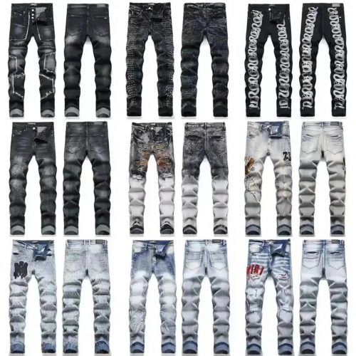 Amiri Distressed Patchwork Jeans Casual Denim Pants Black and White