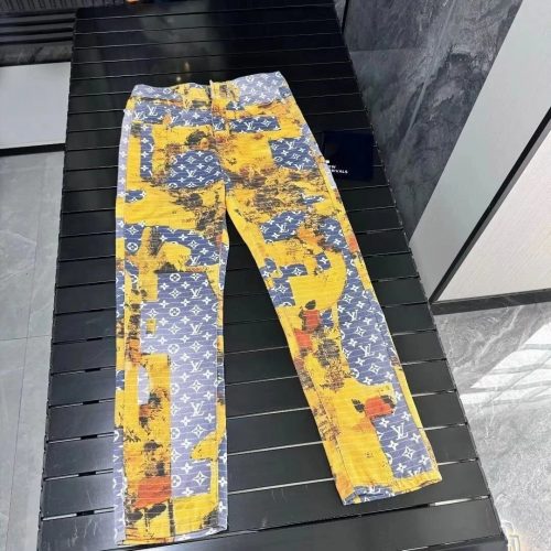 Louis Vuitton LV Monogram Printed Denim Jeans Casual Pants Yellow and Blue