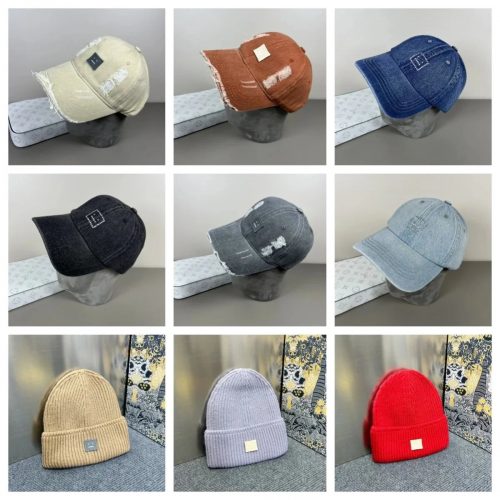 Acne Studios Face Patch Distressed Baseball Cap and Beanie Hat Multicolor