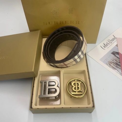 Burberry Check Print Classic Belt Set with Interchangeable Buckles Beige