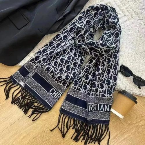 Dior Oblique Scarf Iconic Monogram Wool Scarf Navy and White