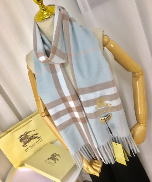 Burberry Check Cashmere Soft Scarf Light Blue and Beige