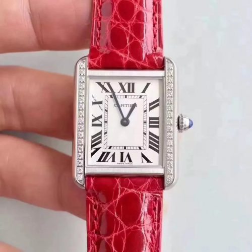 Cartier Tank Louis Cartier luxury diamond watch with red leather strap