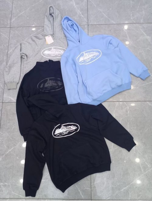 Corteiz Ship Logo Hoodie Casual Pullover Sweatshirt Black Light Blue Gray