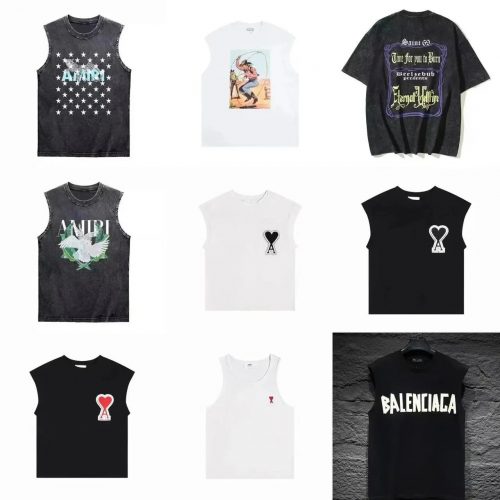 AMI Sleeveless T-Shirt with Heart Patch Casual Cotton Top Black