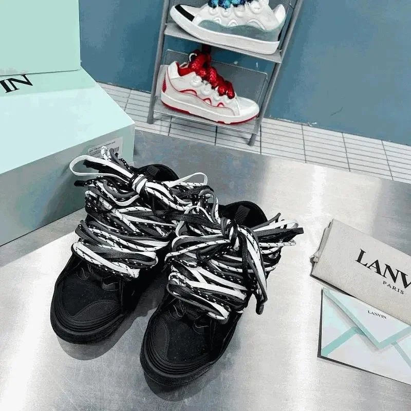 Lanvin Black Sneakers Thick White Laces Casual Shoes Black