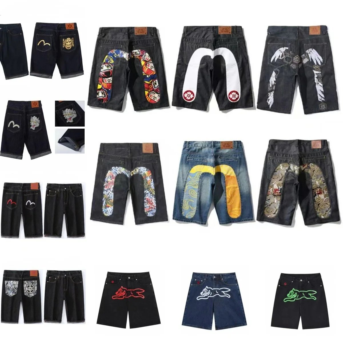 Evisu Denim Shorts with Painted Back Logo Casual Shorts Black and Blue