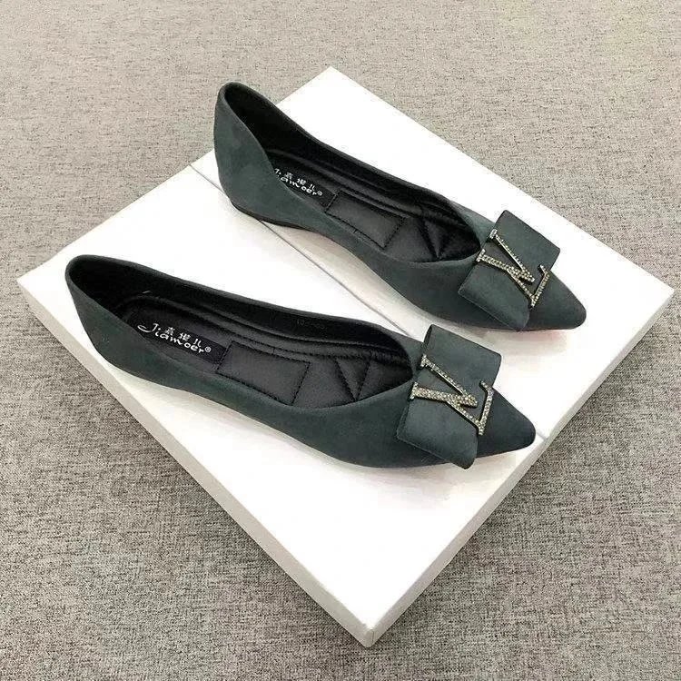 Design Pointed Toe Flats with Rhinestone Bow Elegant Shoes Black